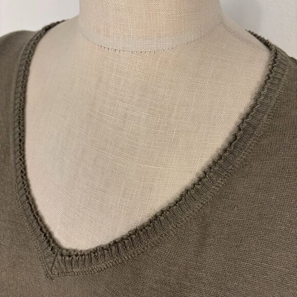 New Scotland Womens medium Olive Green Linen Blend Long Sleeve V-Neck Top Shirt - Picture 2 of 6
